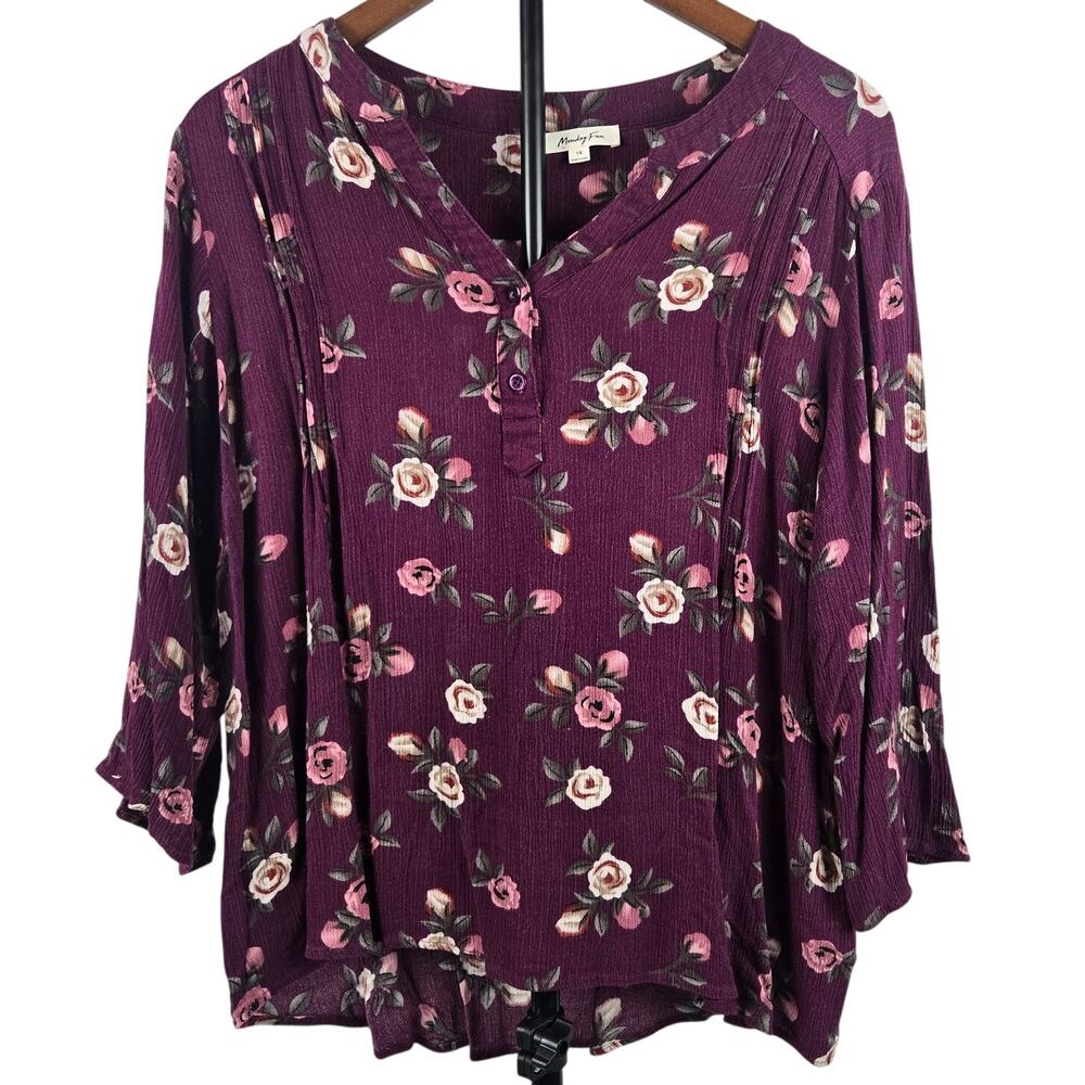 Monday Fun 1X Maroon 100% Rayon Floral Long-sleeve Blouse Top [0102]